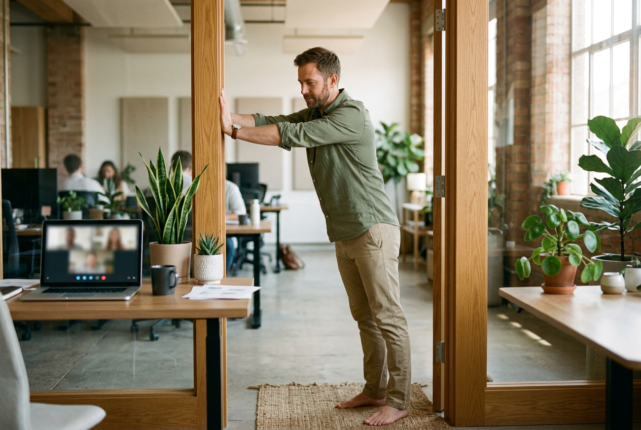 Man doing a doorway chest stretch in his office between video calls