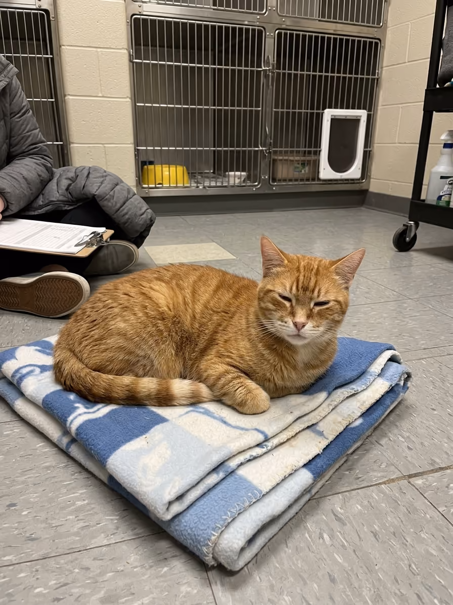 Orange cat lying on a folded blanket on the floor with its eyes closed