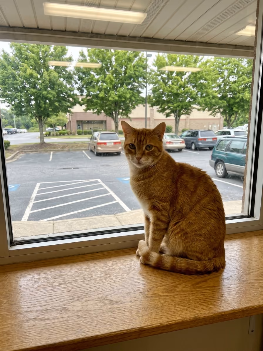 Orange cat sitting on a window sill in front of a parking lot