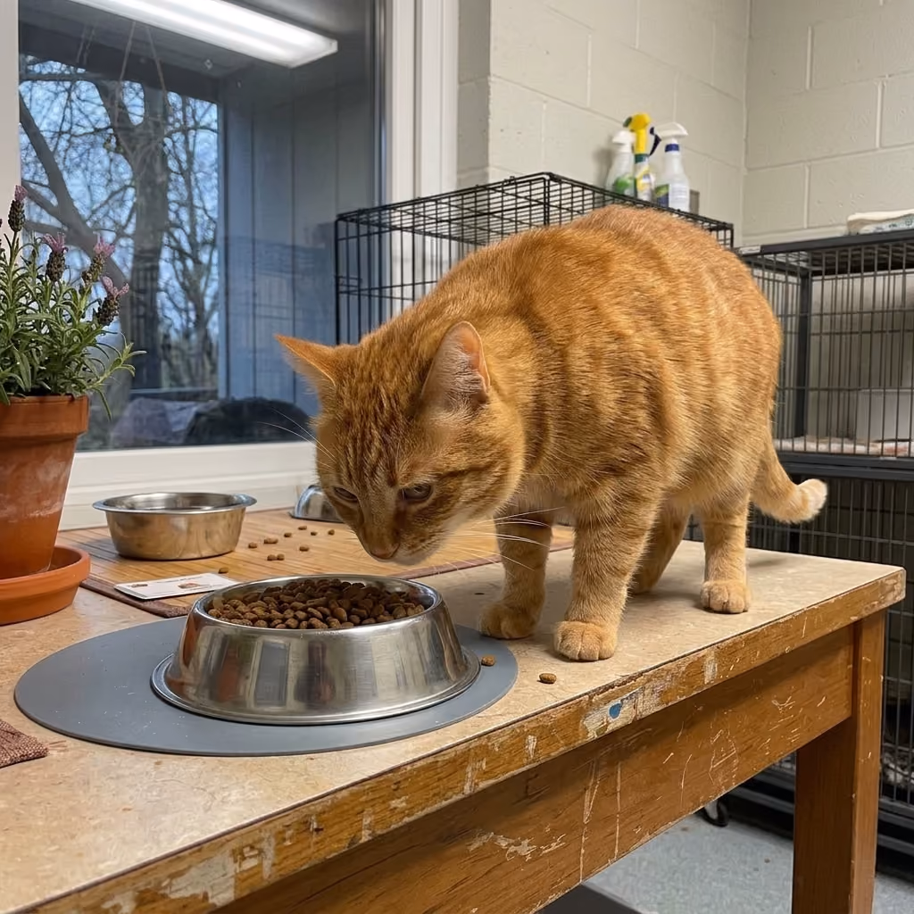 Orange cat standing on a table, sniffing a bowl of pellets