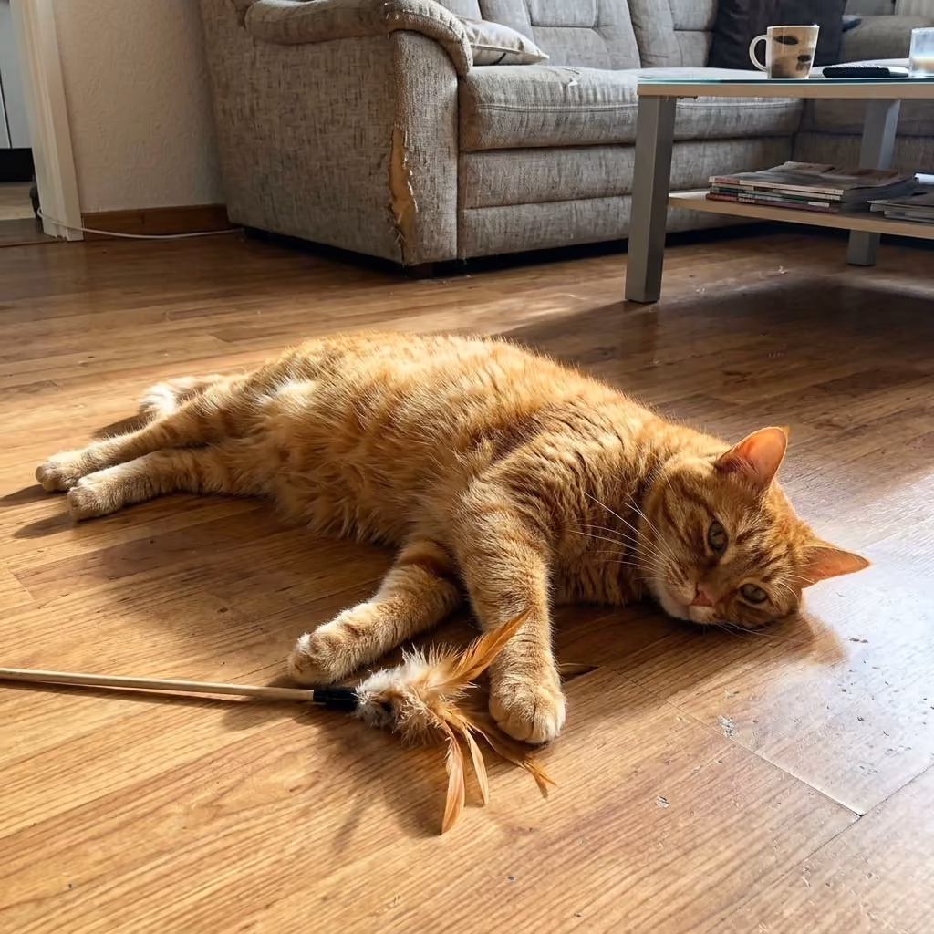 Orange cat lying on the floor playing with a cat toy