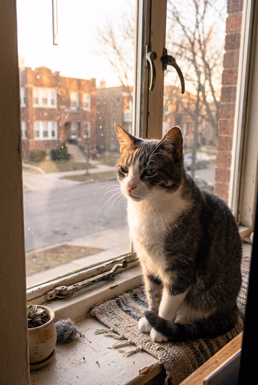 Gray and white cat sitting on a windowsill looking out of the window at sunset