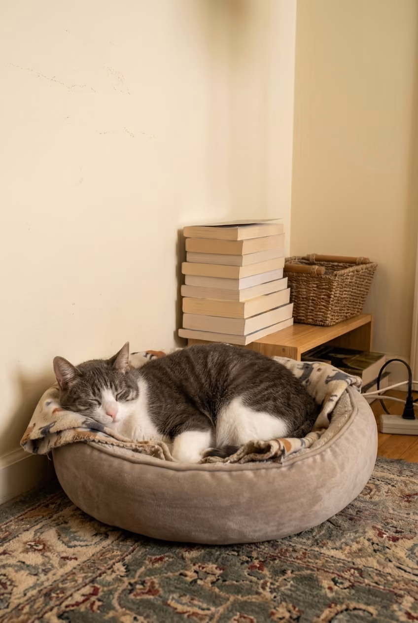 Gray and white cat sleeping in a cat bed