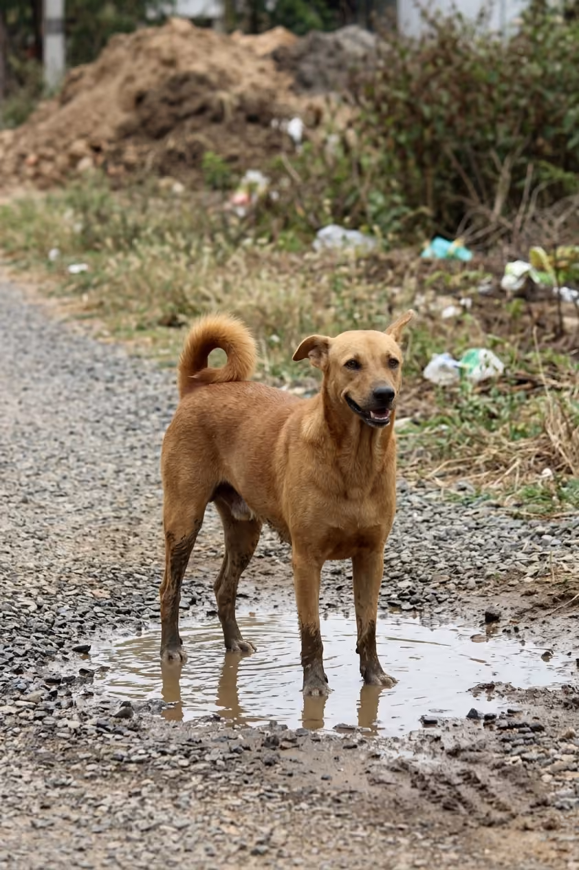 A light brown dog standing in a muddy puddle