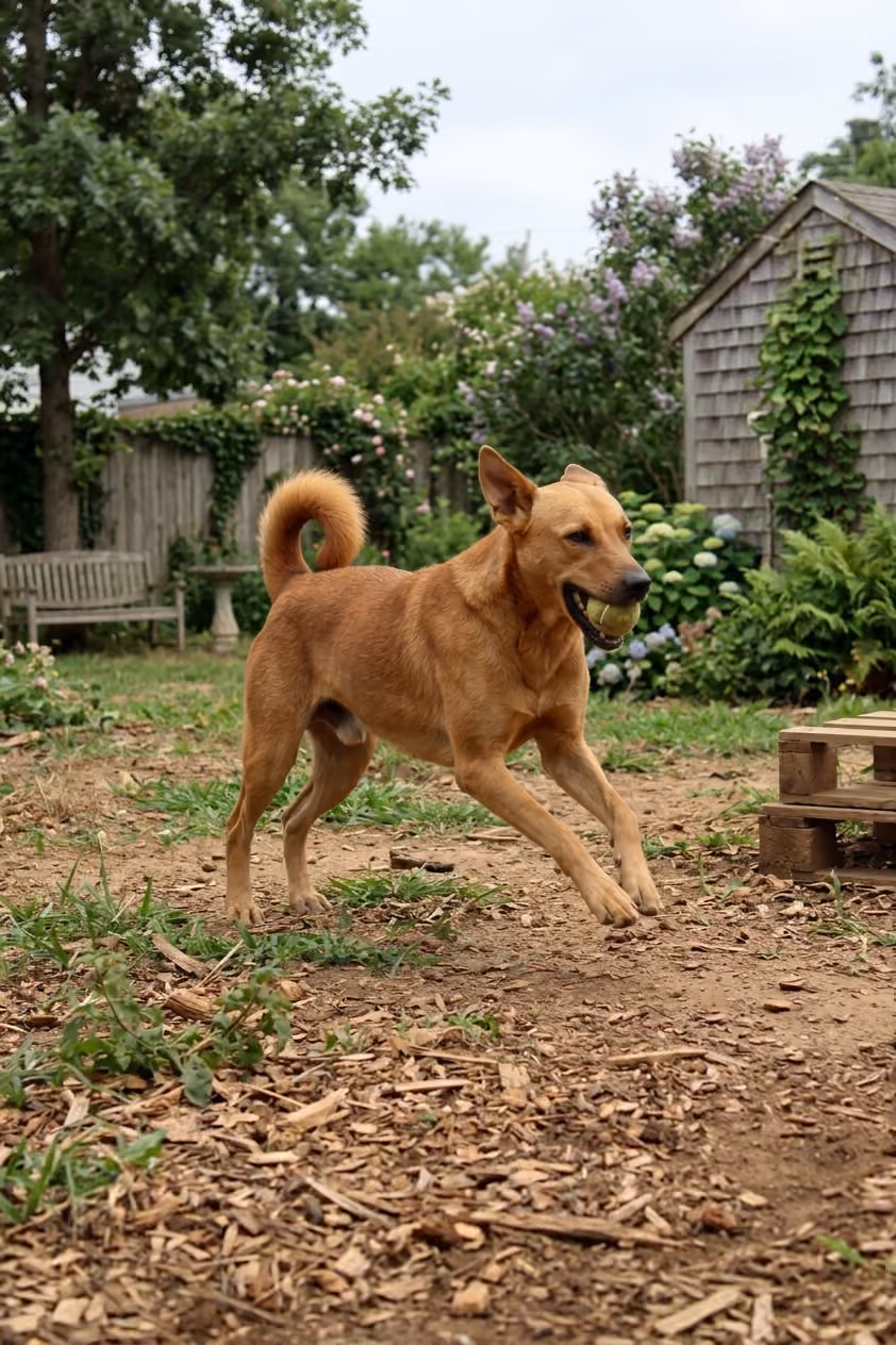 A light brown dog playing in a garden