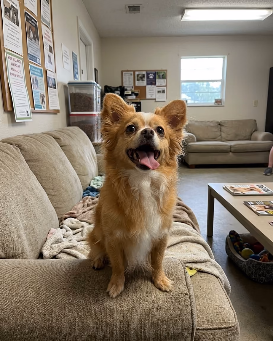 Long-haired chihuahua standing on a couch, looking playfully into the camera