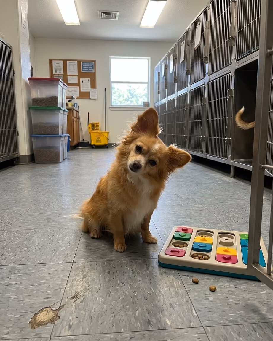 Long-haired chihuahua sitting on a shelter floor, playing with a puzzle toy