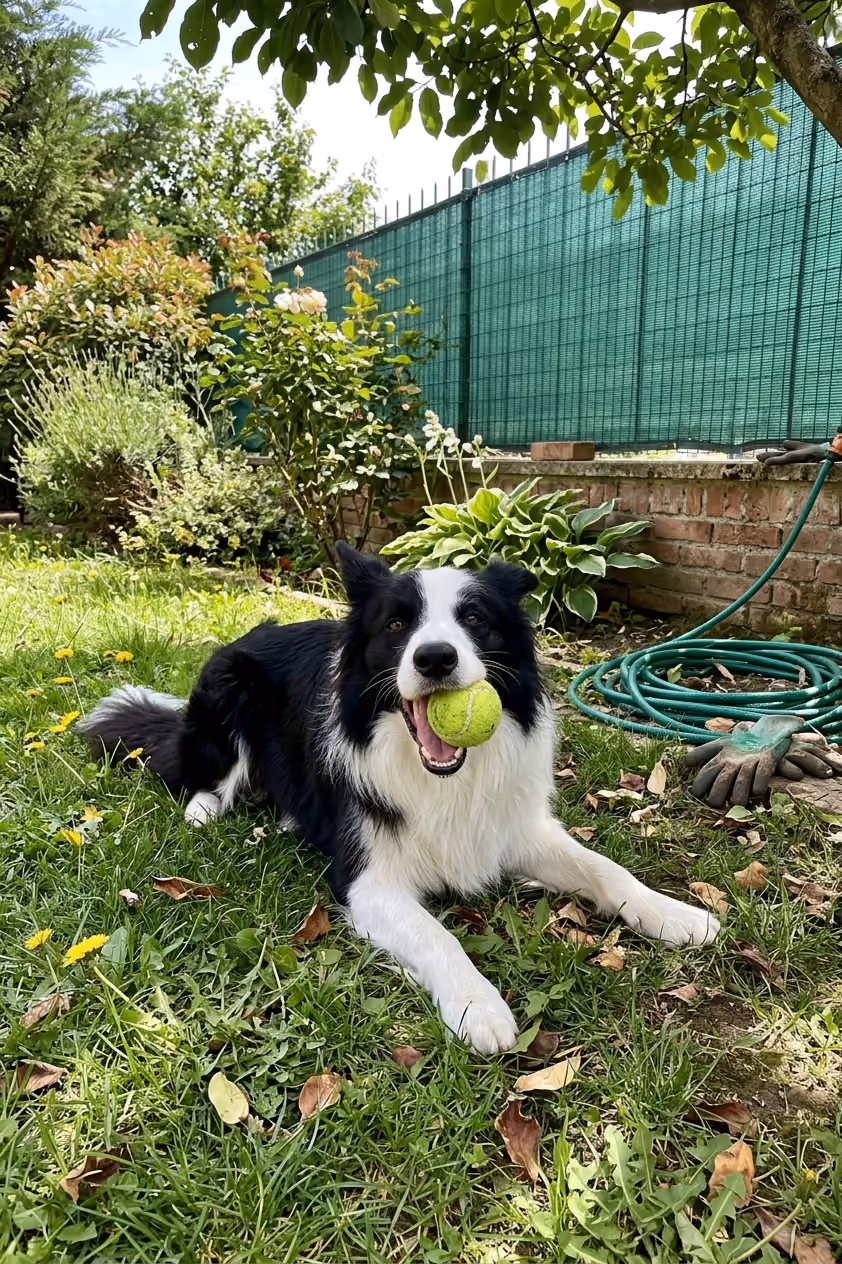 Border collie lying on the ground outside, with a tennis ball in its mouth