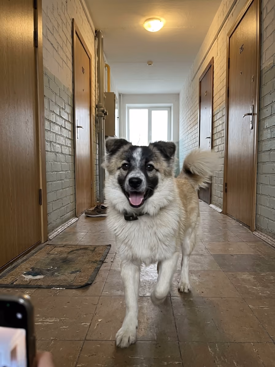 White and beige big dog running towards the camera in a hallway