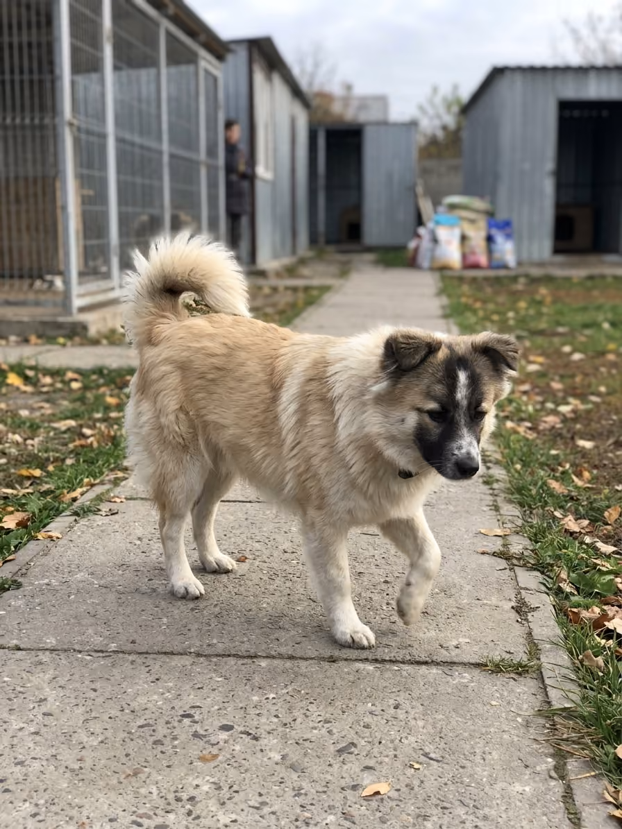 White and beige dog walking on a path outside a pet shelter