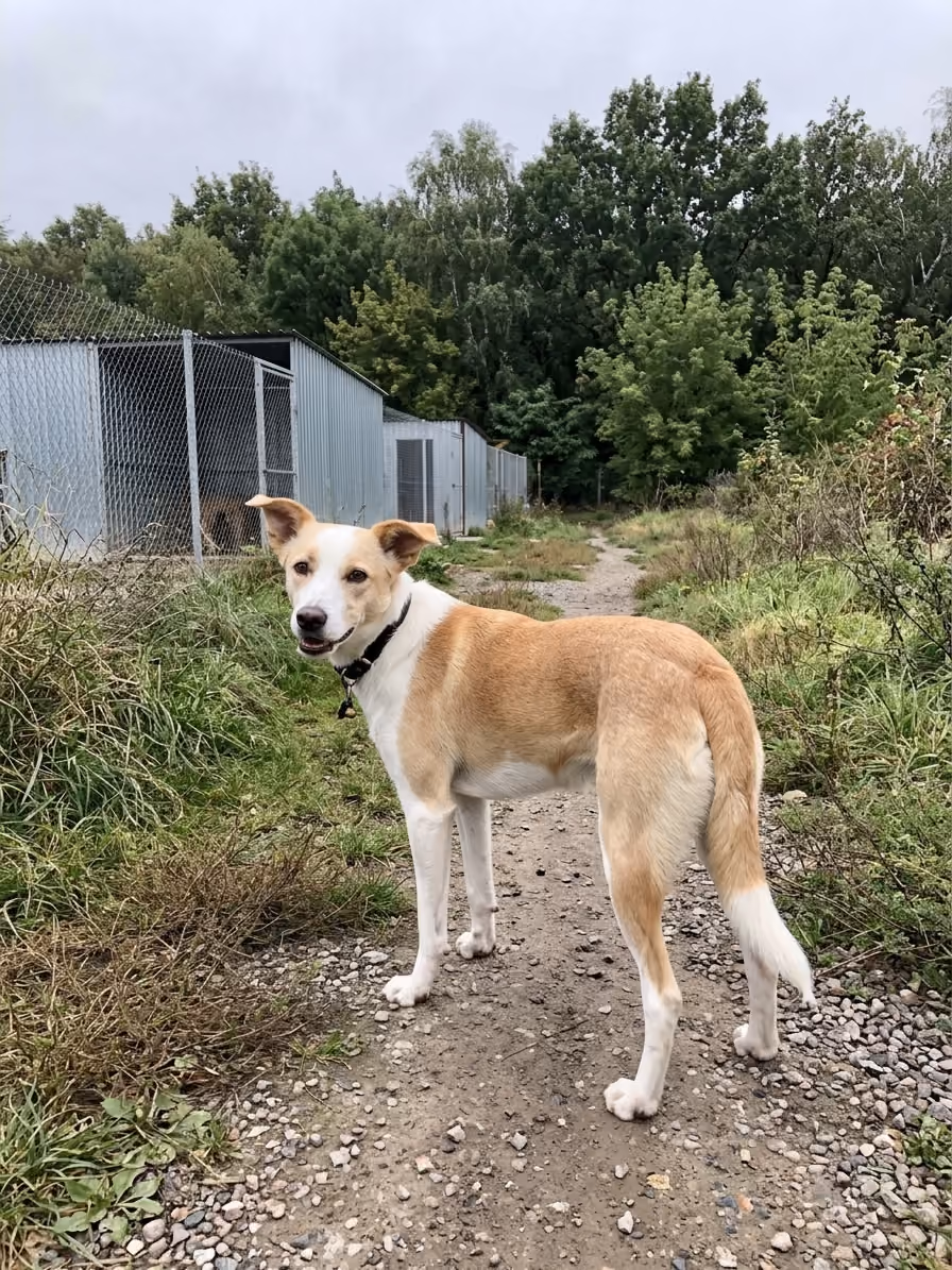 A white and beige dog walking on a gravel path, looking back at the camera
