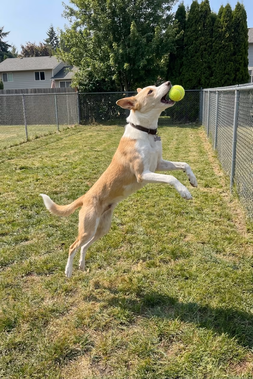 A white and beige dog on a lawn, jumping to catch a tennis ball
