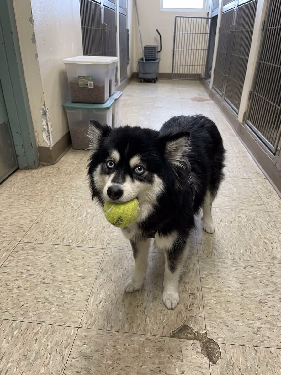 A fluffy black and white dog holding a tennis ball in its mouth