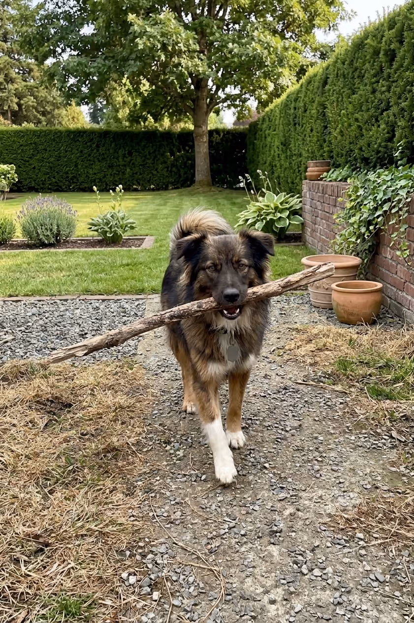 A brown and beige fluffy dog carrying a big stick