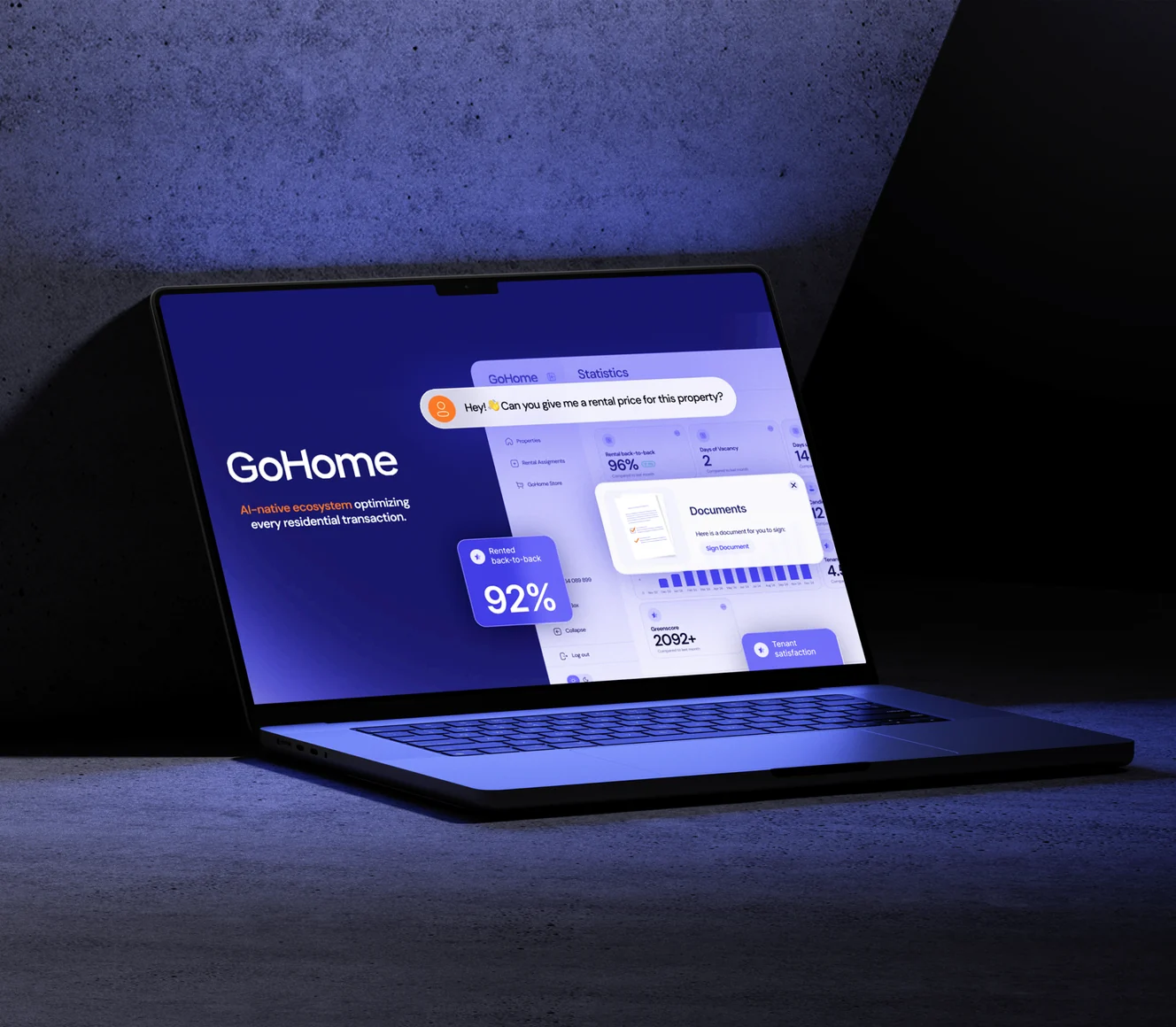 The GoHome platform open on a laptop in a dark studio