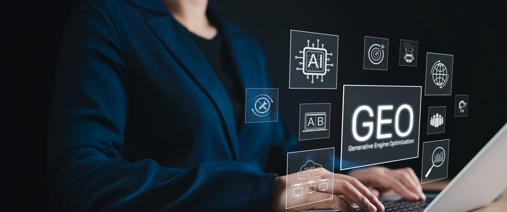 Hands at a laptop surrounded by floating AI interface panels