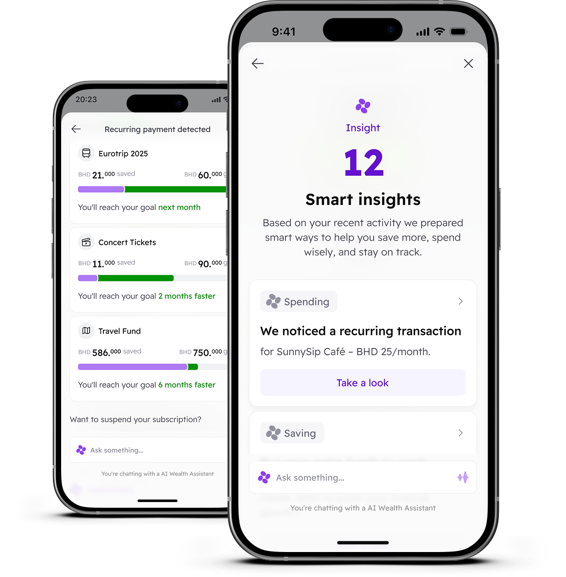 Two phones running meAssistant: savings goals and smart insights from the customer's own accounts
