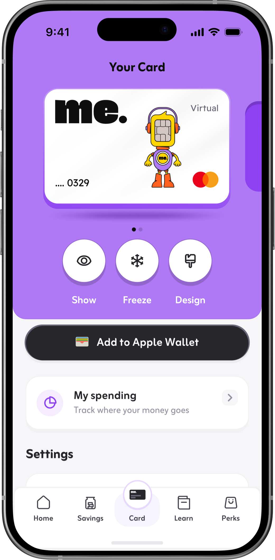 Youth banking app card screen: a young customer’s virtual card with show, freeze and design controls