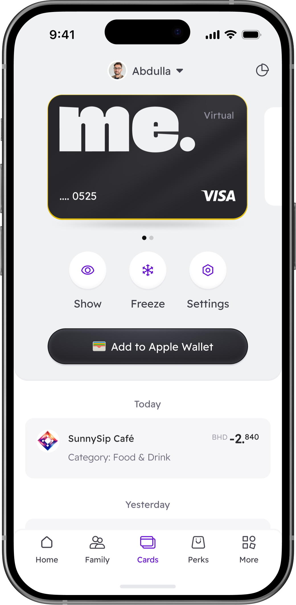 Next-Gen banking app card screen: virtual card with show, freeze and settings controls and today’s transactions