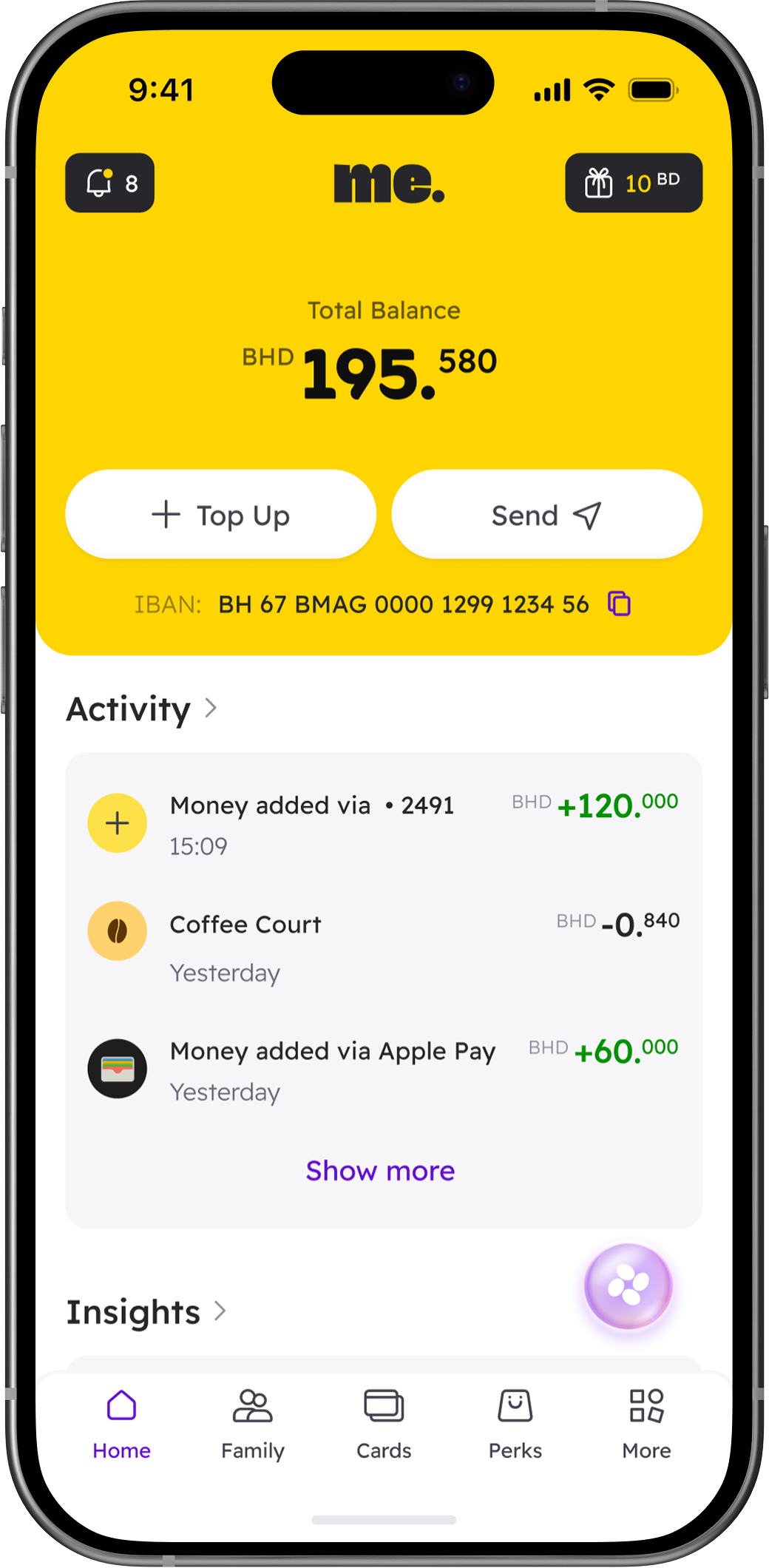 Next-Gen banking app home screen: total balance BHD 195.580 with top up, send and recent activity