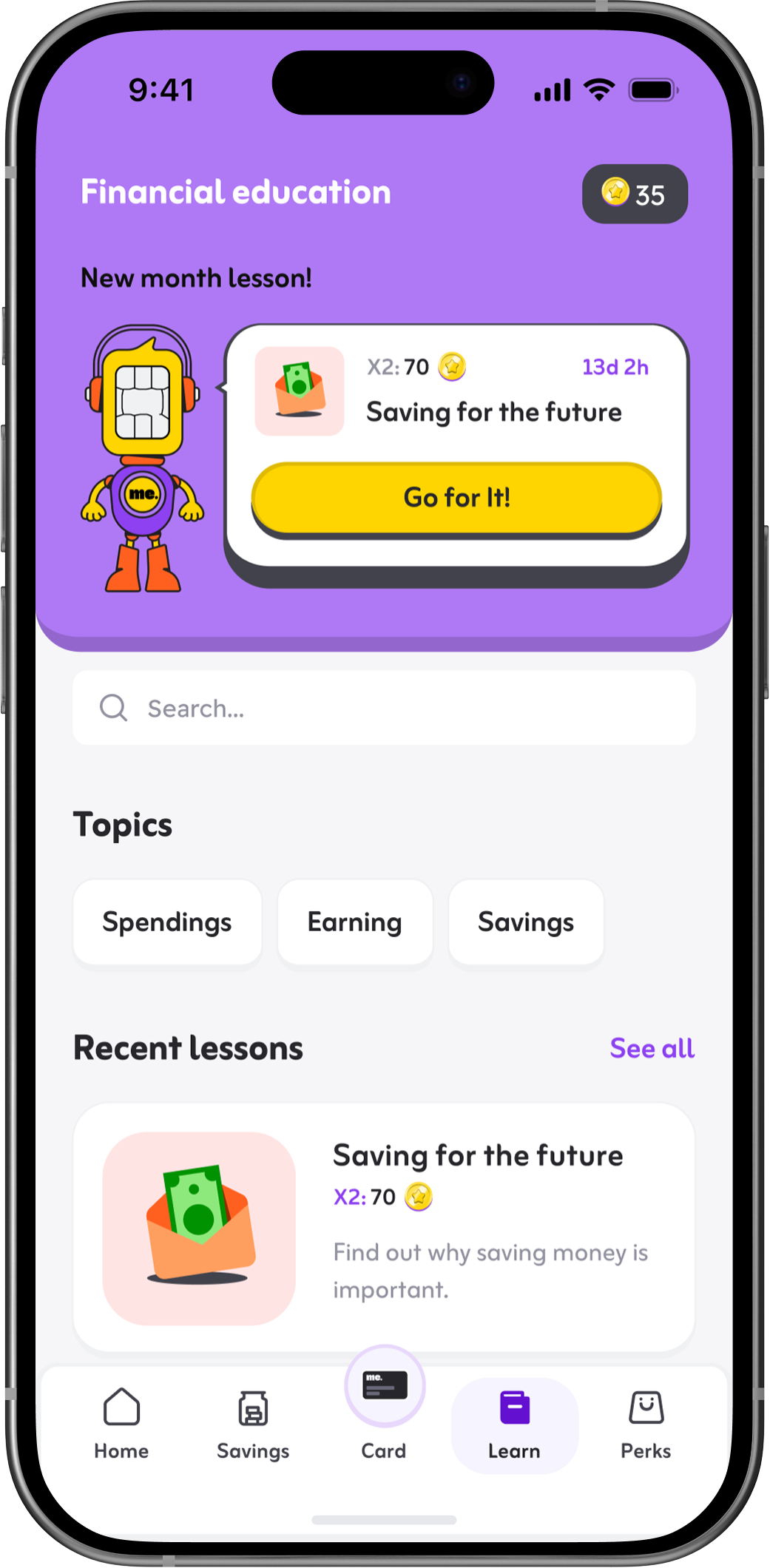 Youth banking app: financial education lessons on spending, earning and savings with a rewards balance