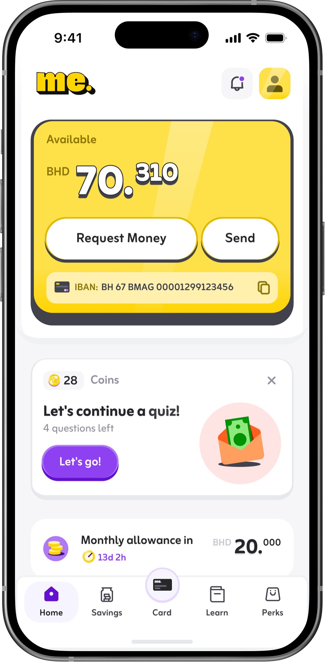 Youth banking app home screen: available balance BHD 70.310, request money and send, a learning quiz and a monthly allowance of BHD 20.000