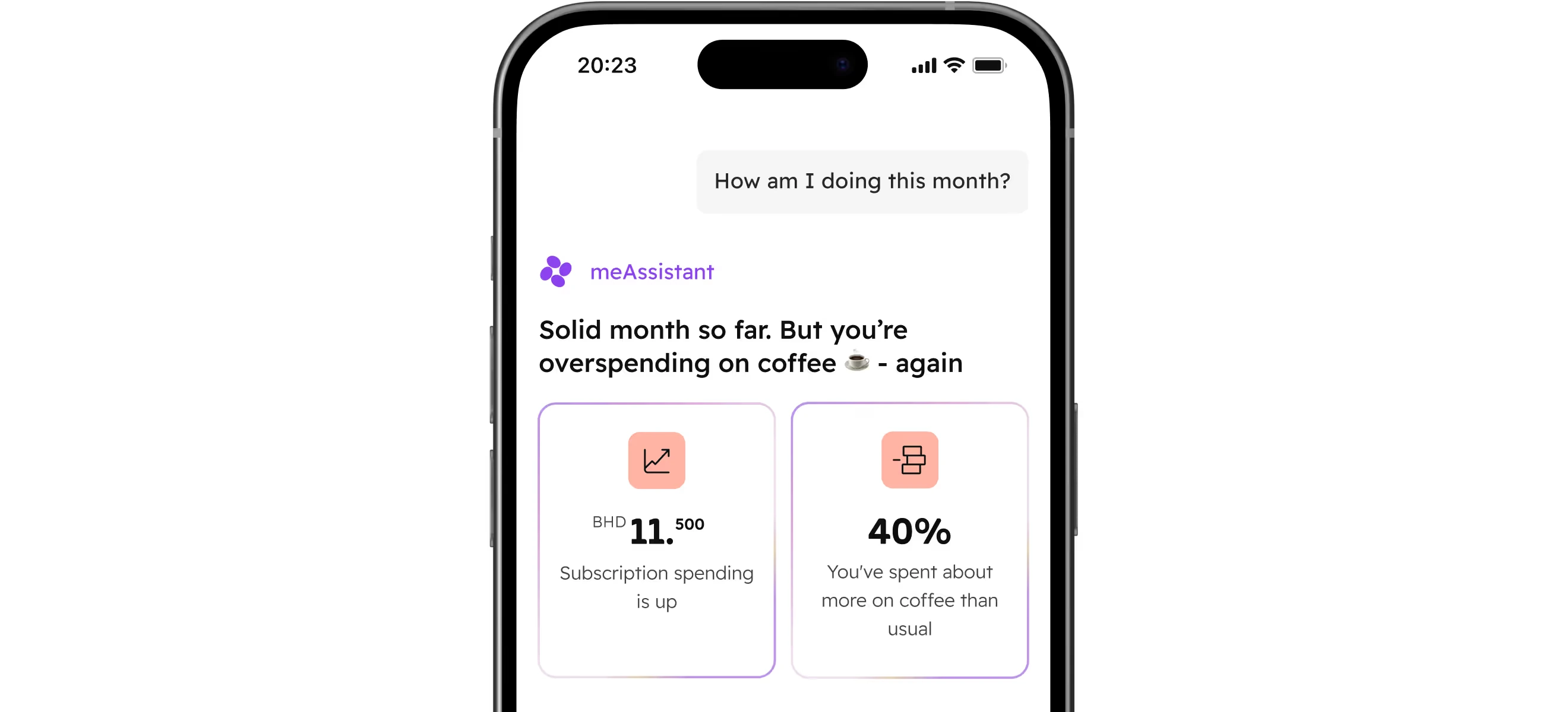 meAssistant answering “How am I doing this month?” in a bank’s app, flagging subscription spending of BHD 11.500 and coffee spending 40% above usual