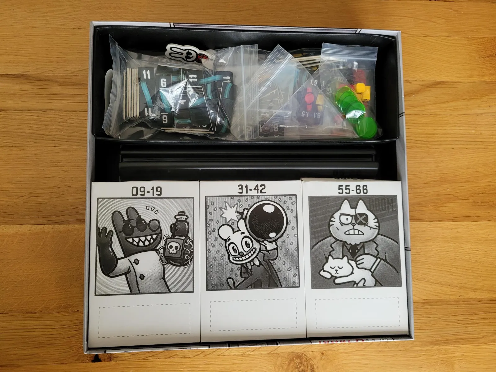 Inside the Bomb Busters box with the board taken out