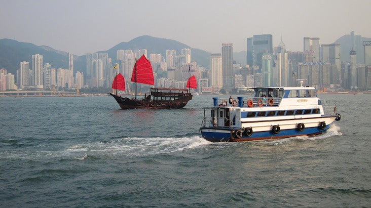 Hong Kong skyline and harbor at night