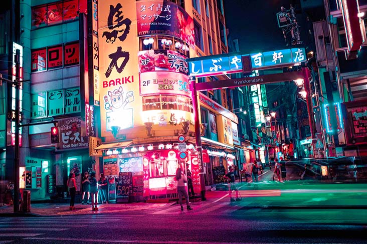 Colorful themed cafe and restaurant signs in Tokyo