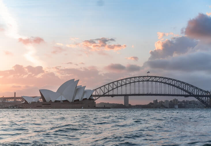 Sydney Opera House and Harbour Bridge at sunset seen from the water