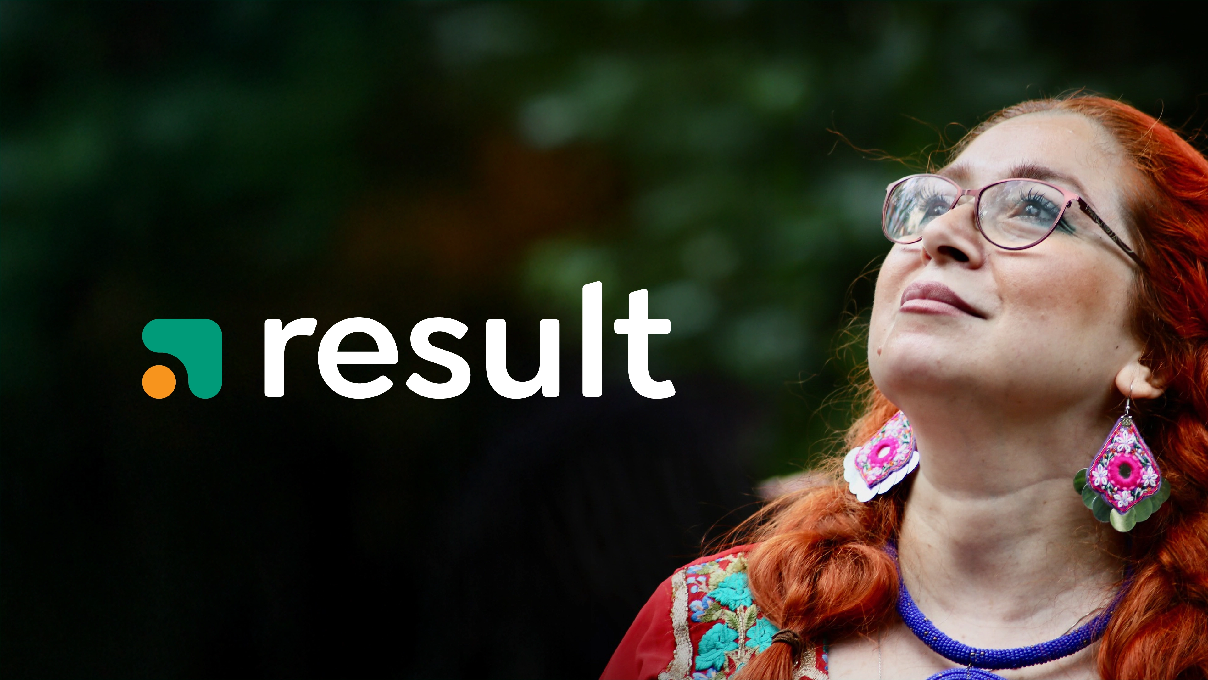 Photograph of woman with red hair and earrings looking up with the Result CIC logo
