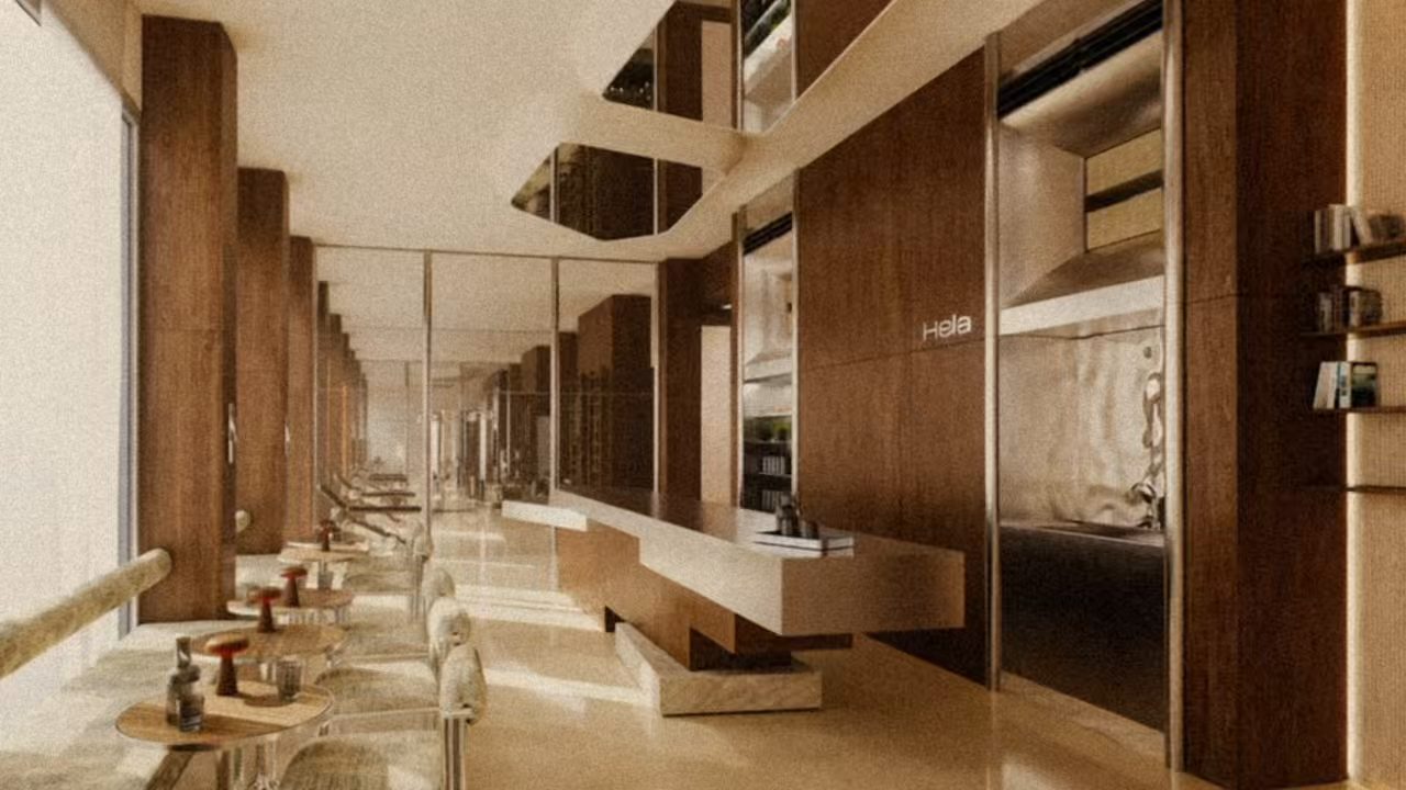 The HELA lounge: long counter, round tables and warm wood panelling