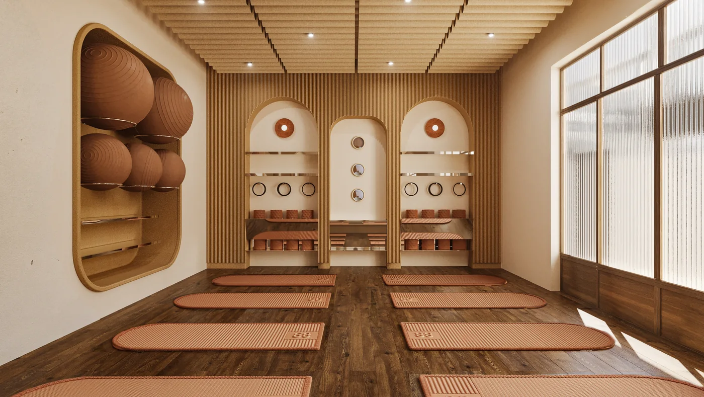 Flow studio: terracotta mats facing arched niches