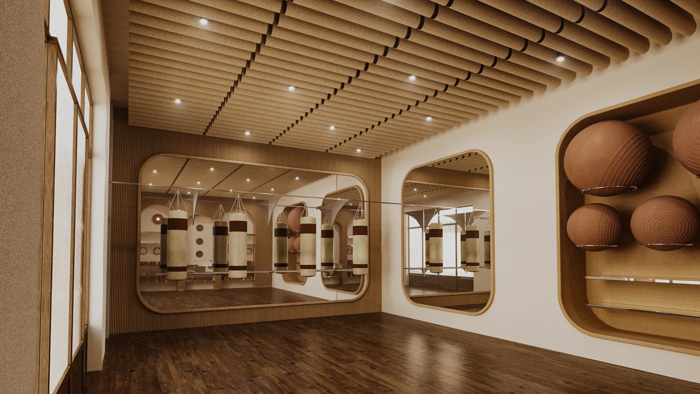 Boxing studio: punching bags and mirrors with rounded corners