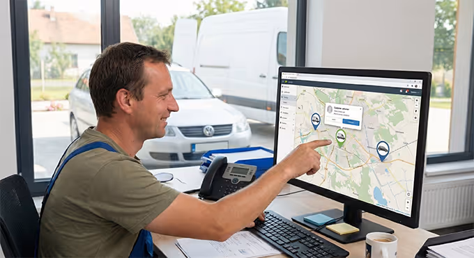 Worker at office checking vehicle location via GPS platform on computer