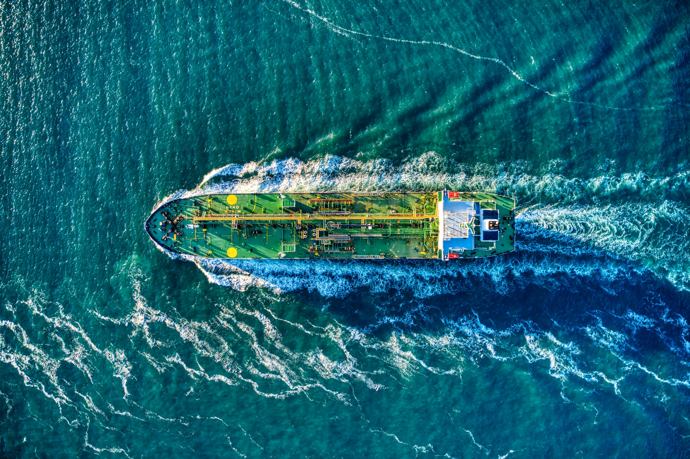 Aerial view of a product tanker under way