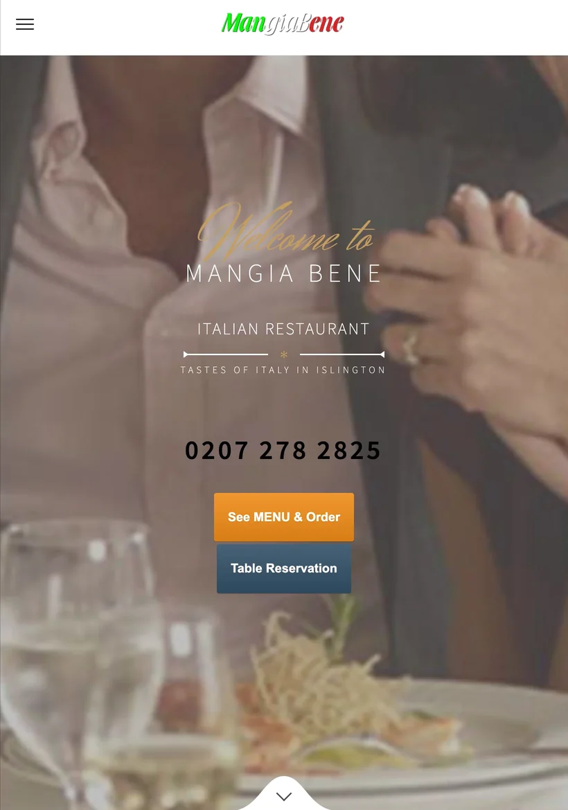 Mangia Bene restaurant website built by AIM Digital, tablet view