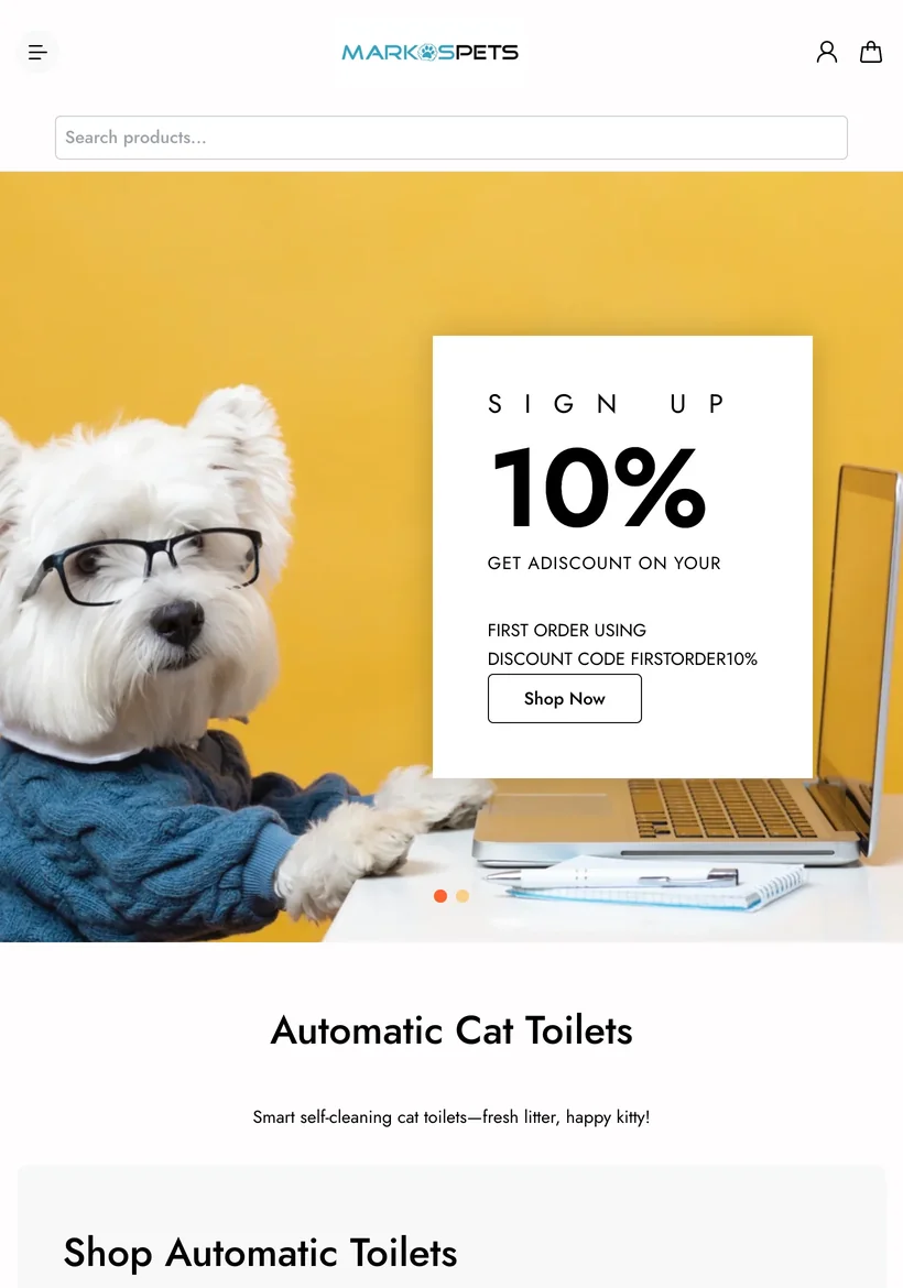 Markos Pets online shop built by AIM Digital, tablet view