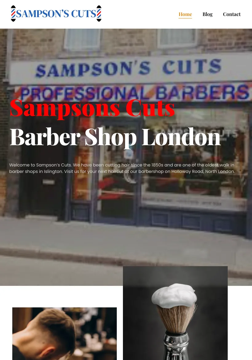 Sampson's Cuts barber website designed by AIM Digital, tablet view