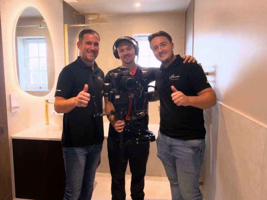 Harry with the team after filming adverts for a bathroom company