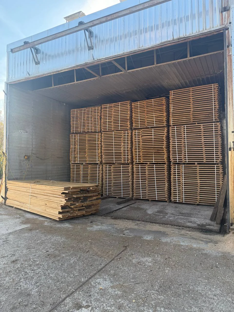 Сушильная камера PLES Wood с пакетами столярной доски из дуба и ясеня
