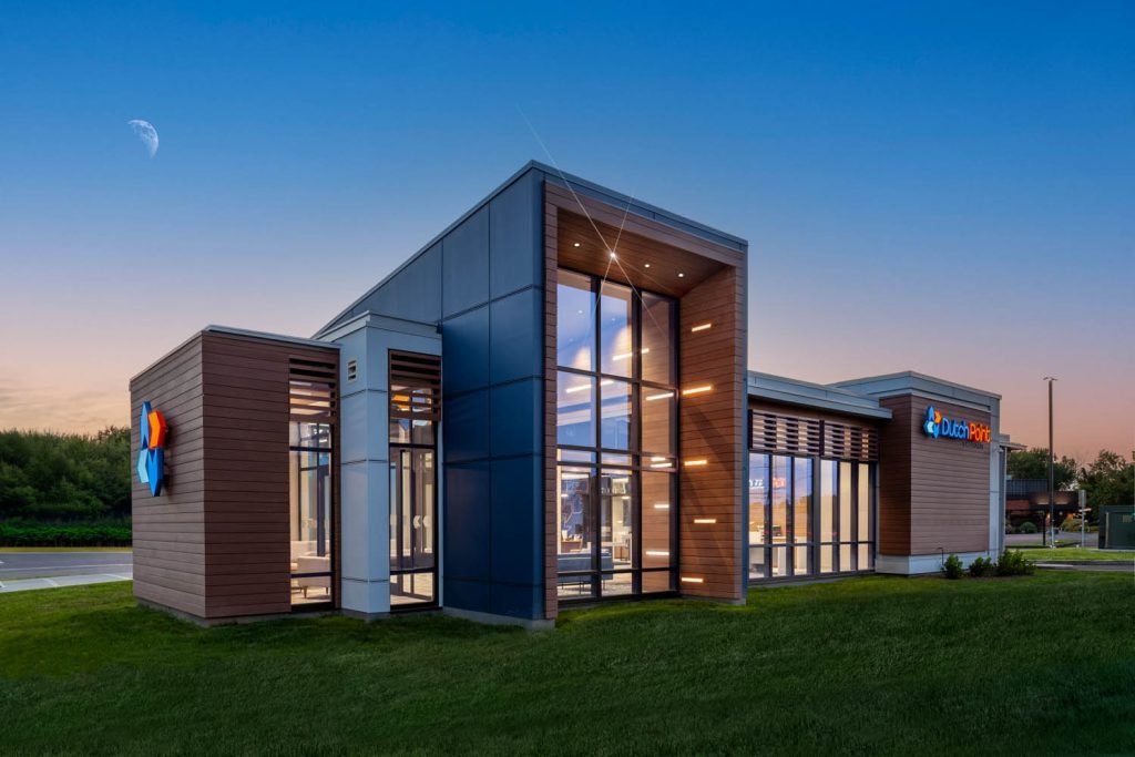 Dutch Point branch corner view with dimensional logomark on the facade
