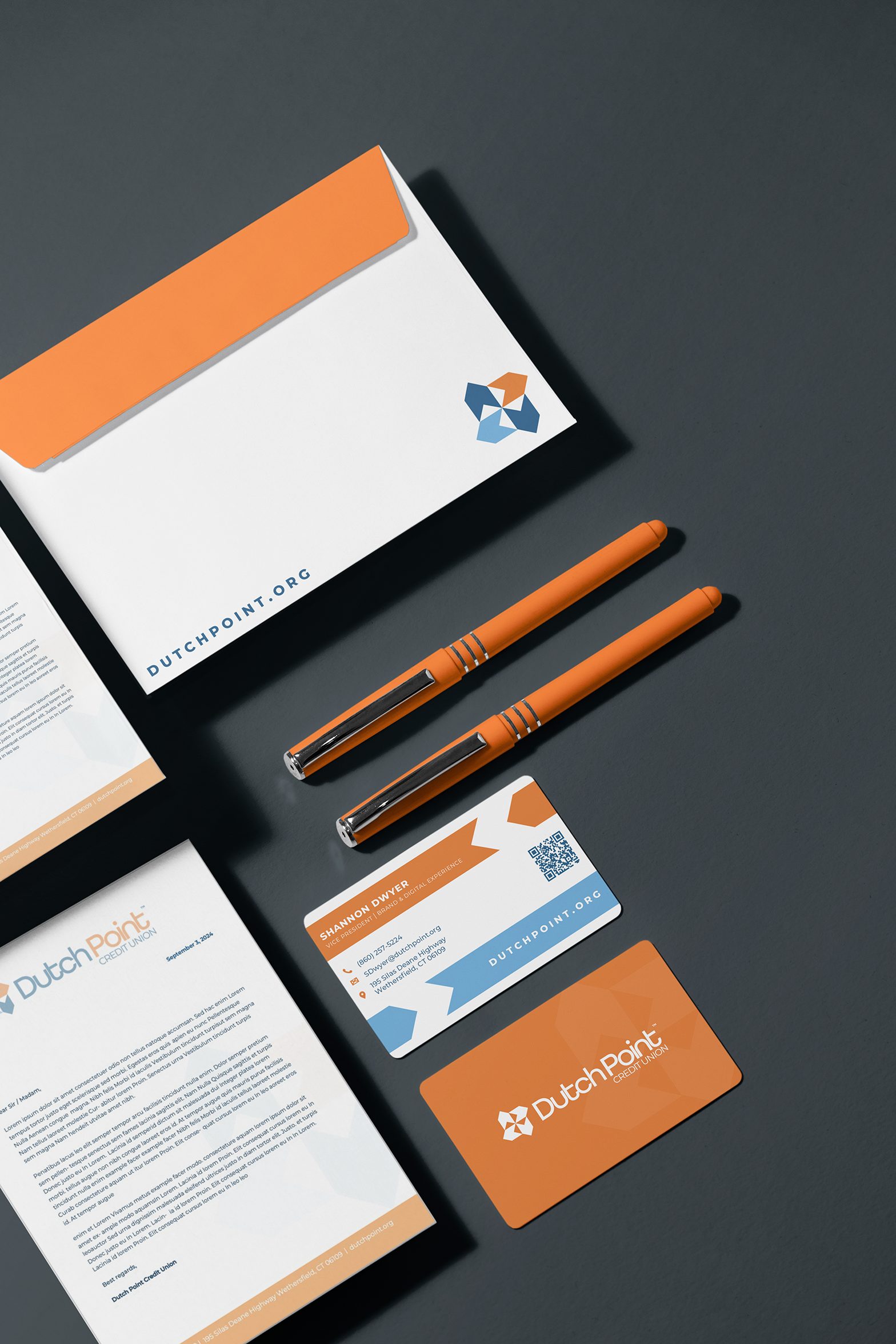 Dutch Point stationery suite with envelope, letterhead, and business cards