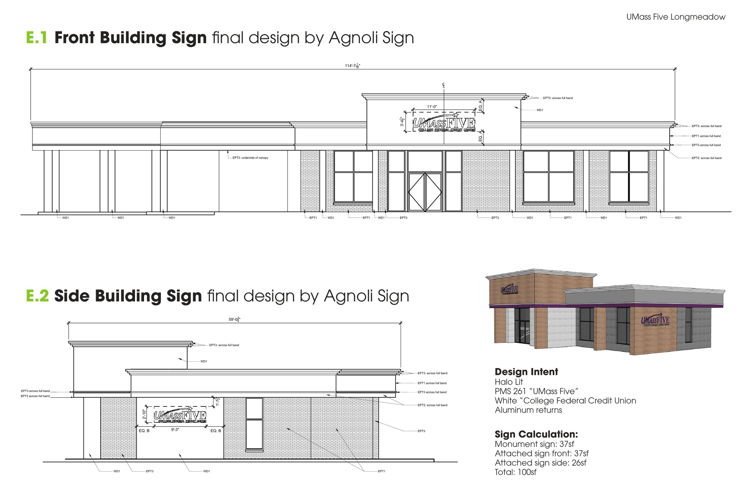 Front and side building sign elevations for UMassFive