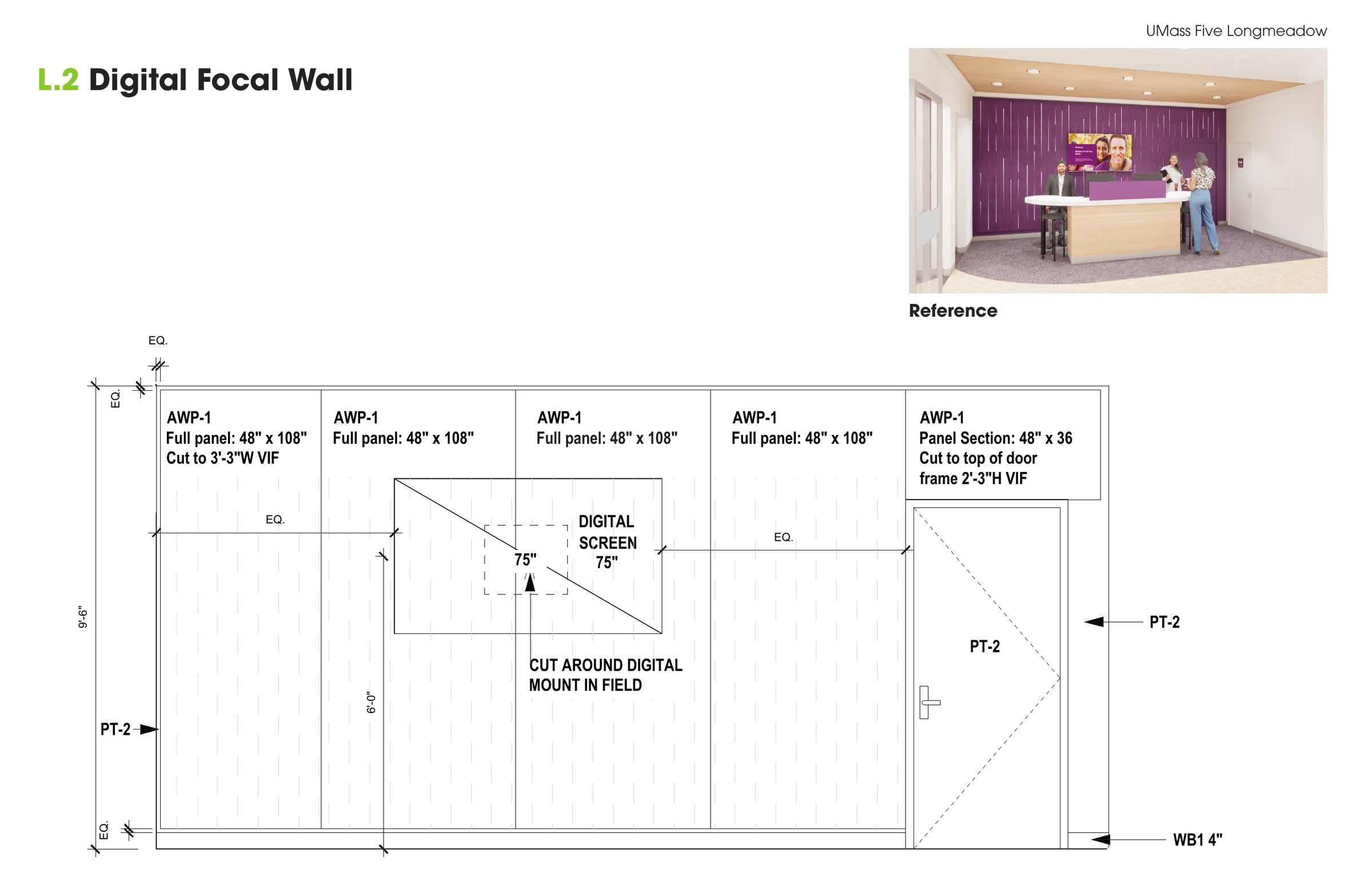 Digital focal wall elevation and reference for the UMassFive lobby