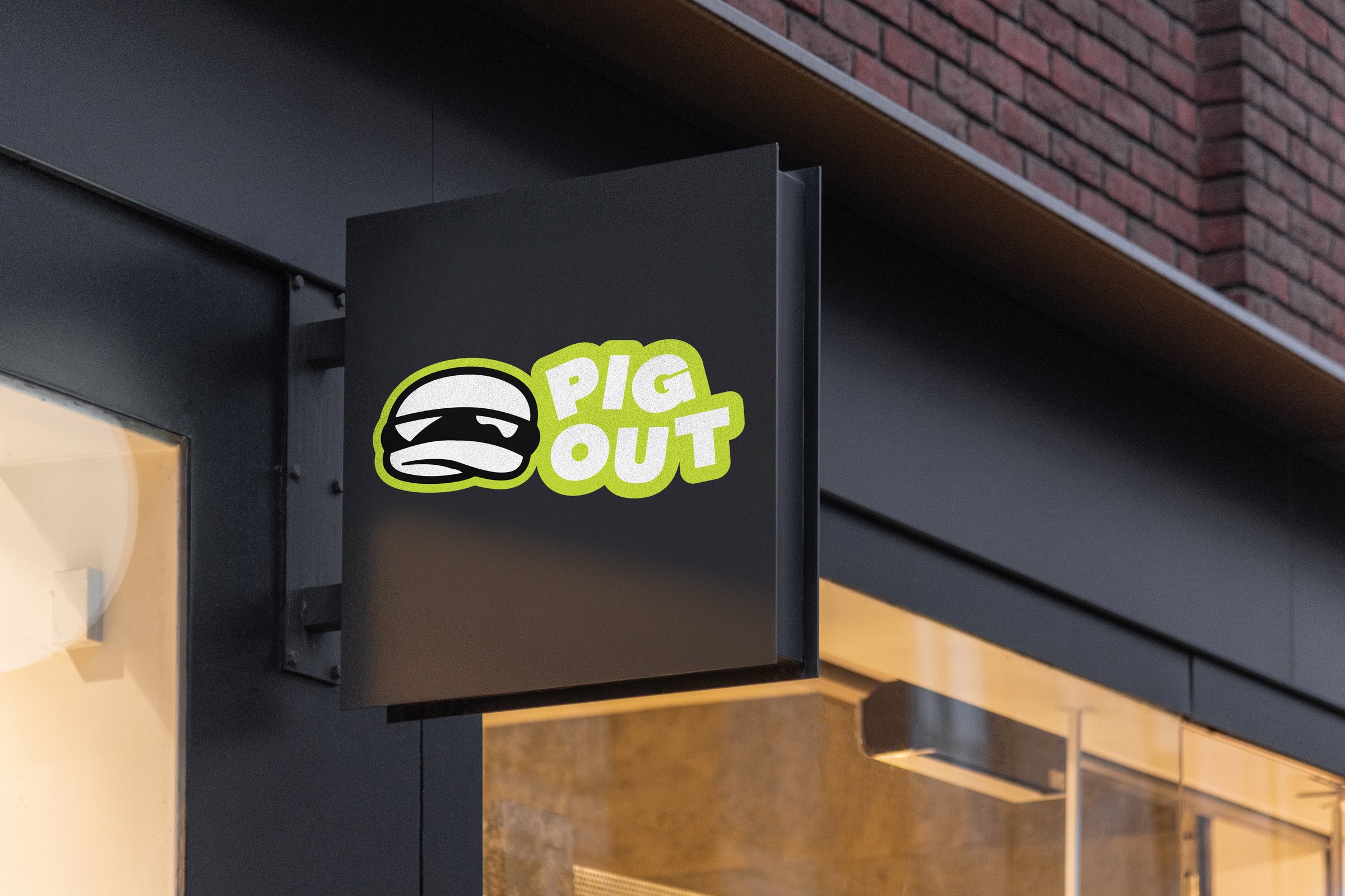 Pig Out blade sign on a storefront