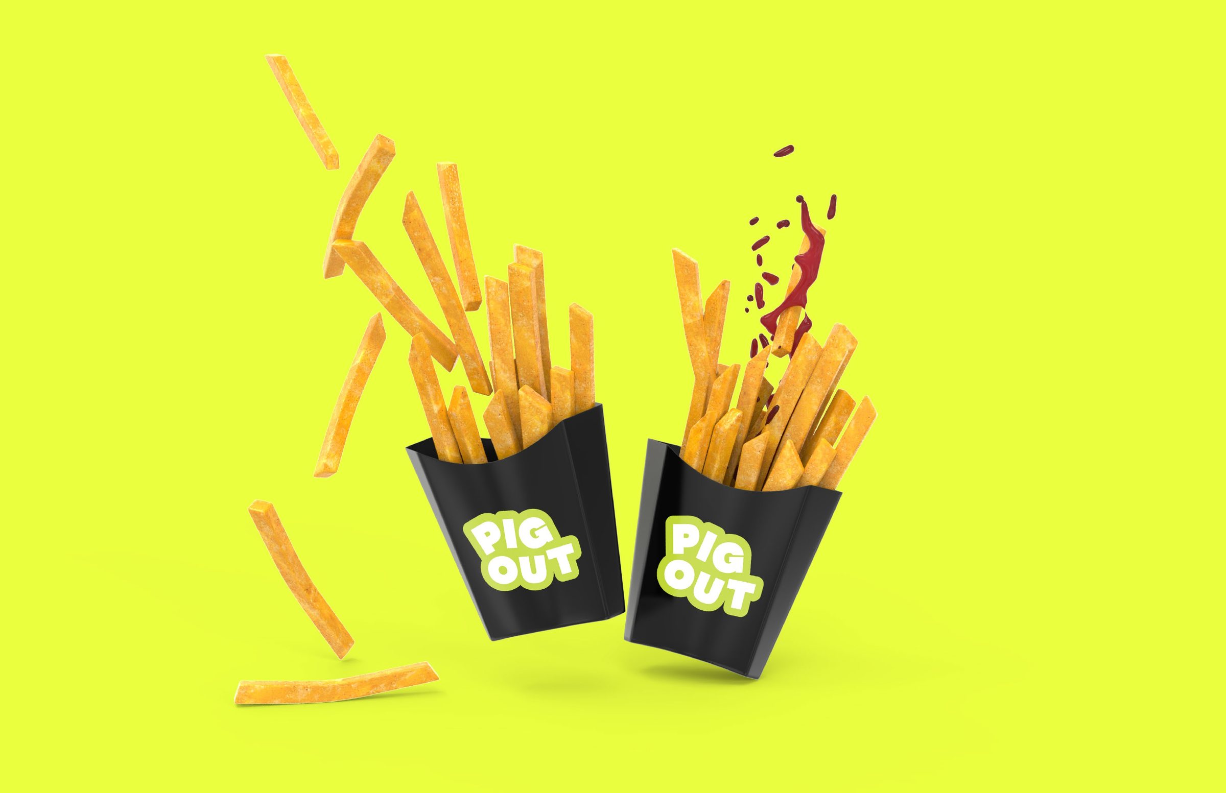 Pig Out fry boxes with fries flying out