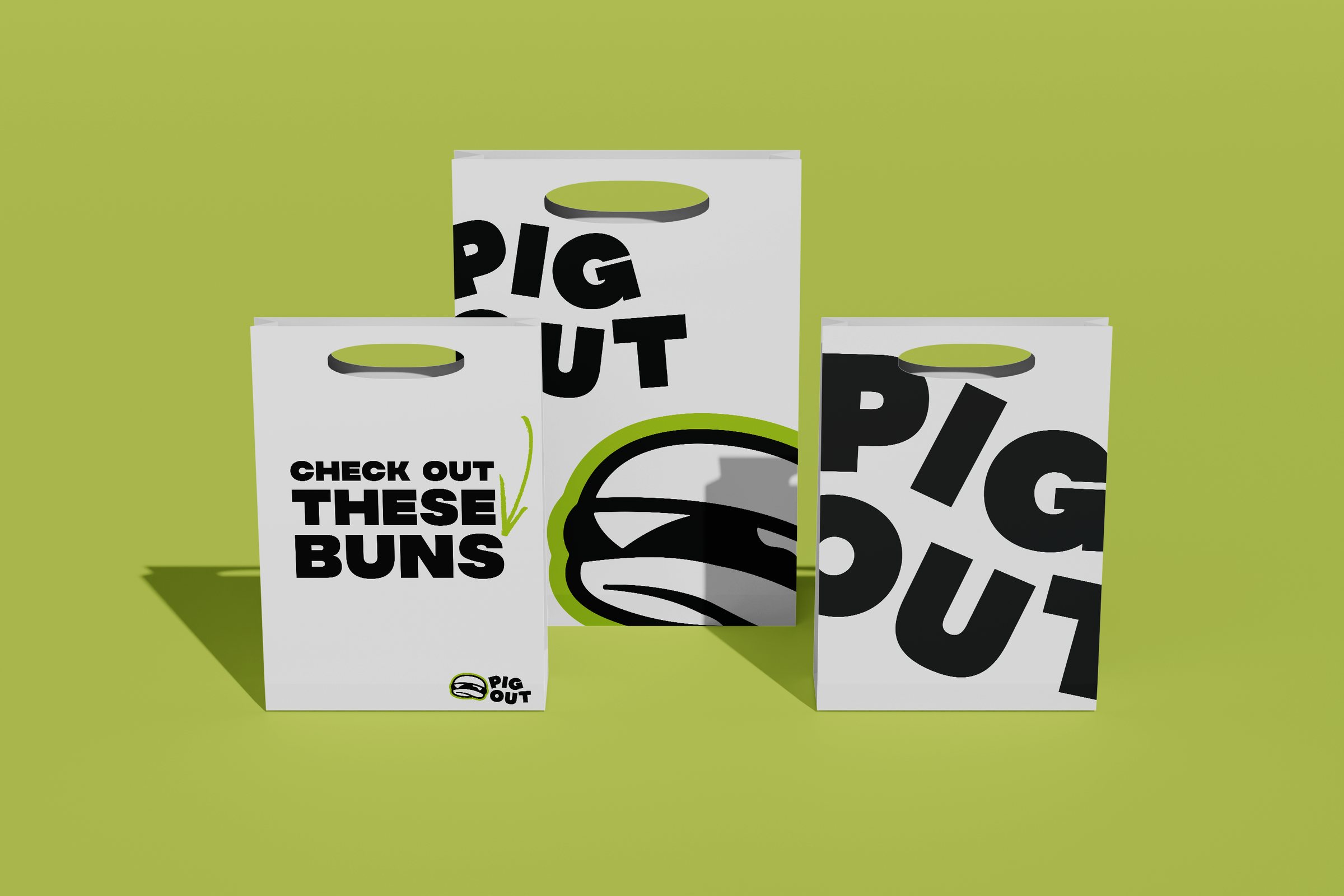 Pig Out takeout bags reading Check out these buns