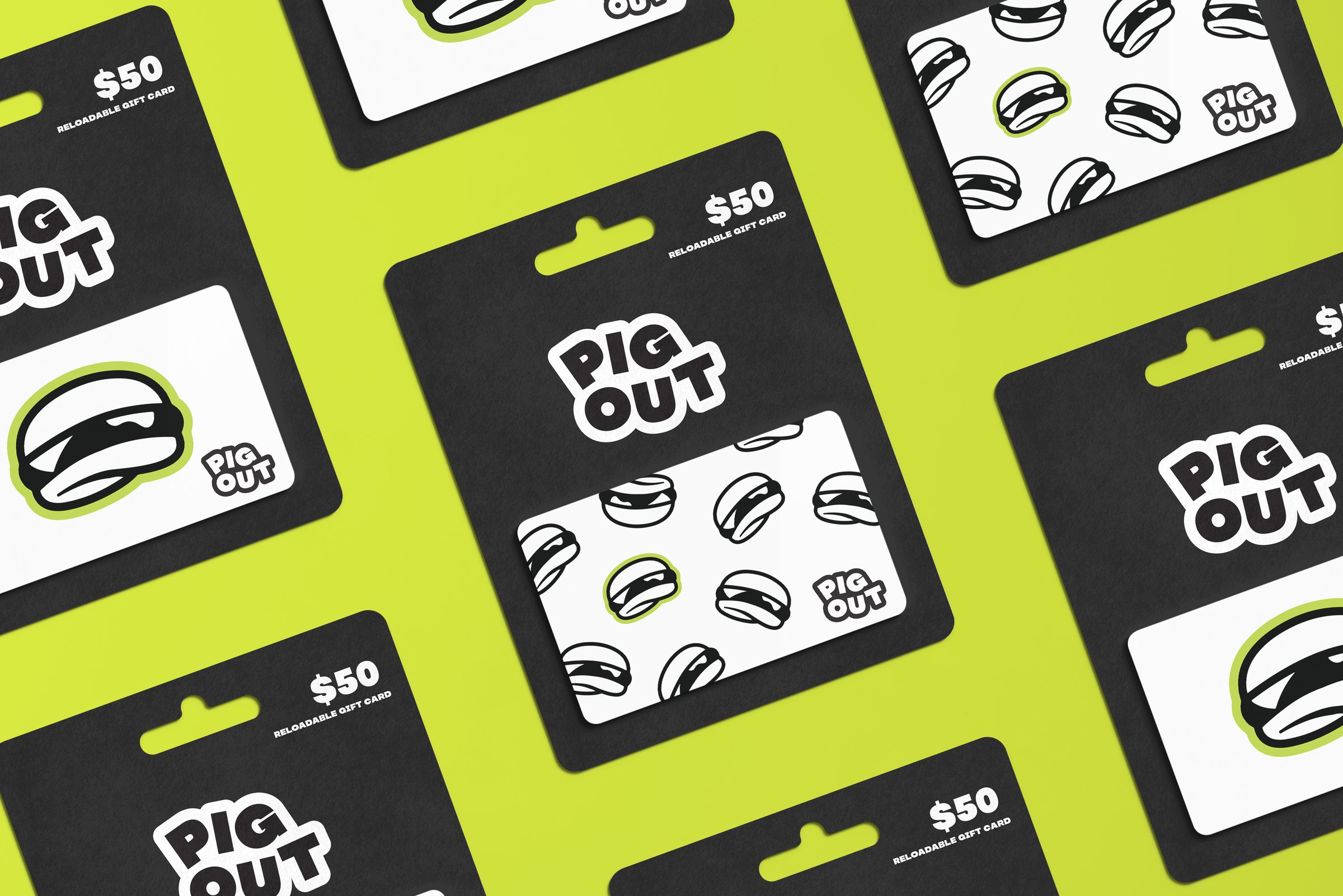 Pig Out gift cards on a bright green background